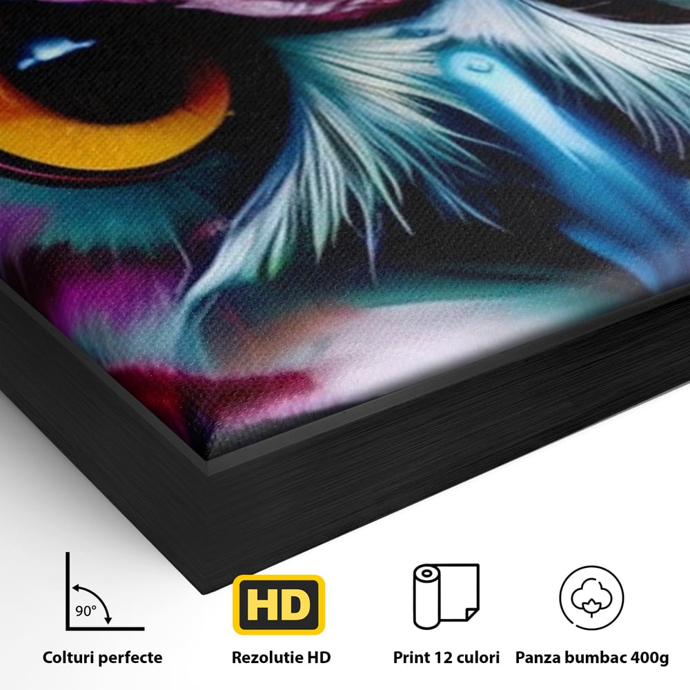 Detaliu al suprafetei: portret digital de bufnita colorata, in rama de aluminiu negru